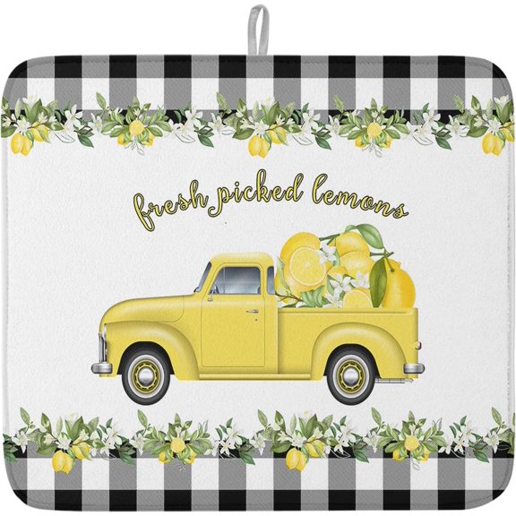 Tropical Lemon Truck Plaid Dish Drying Mats for Kitchen Counter,Buffalo Check Black White Microfiber Absorbent Dish Drainer/Rack Mat,Hangding Quick Drying kitchen Drying Mat,18x24in Machine Washable