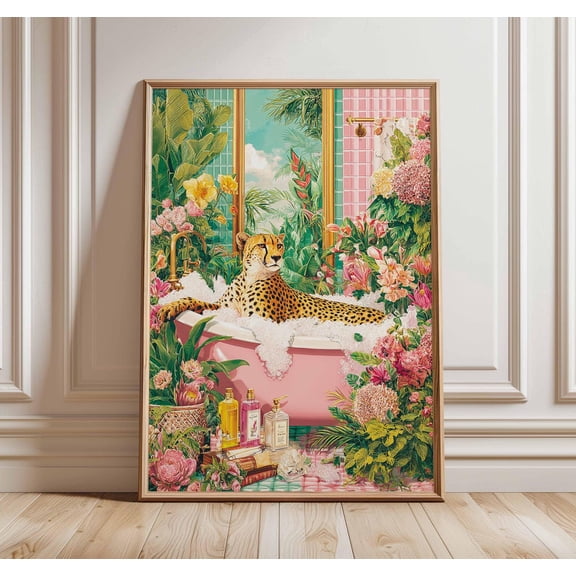 Tropical Leopard Bathroom Colorful Jungle Vibrant Boho Botanical Unframed Paper Print