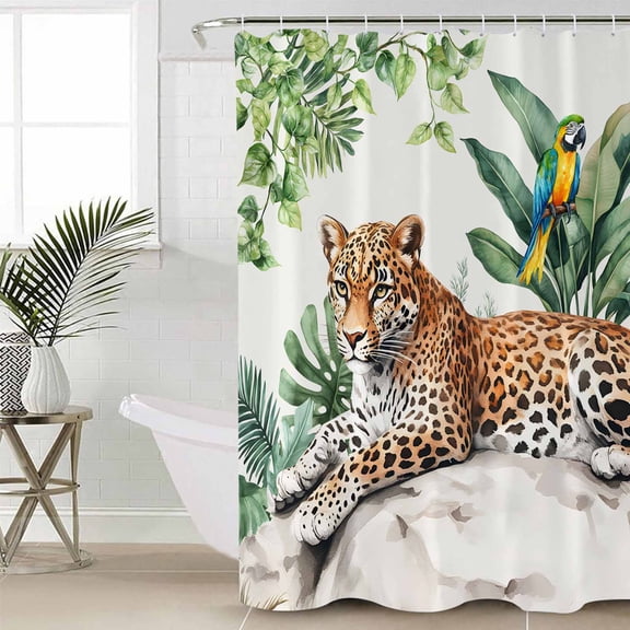 Tropical Leopard Parrot Long Shower Curtain Set, Waterproof Shower Curtains for Bathroom, Watercolor Summer Palm Leaf Washable Fabric Cloth Bath Curtain for Bathtub Decoration with Hooks 72x84 Inches