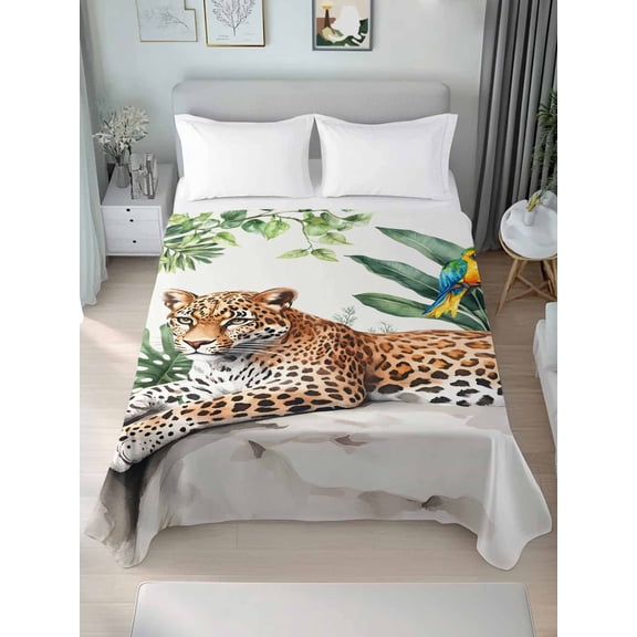 Tropical Leopard Parrot Queen Size Flat Sheet, Wrinkleproof & Fadeproof Cooling Flat Bed Sheet Only, Watercolor Summer Palm Leaf Breathable Soft Bedding Top Sheets 90 x 102 Inches