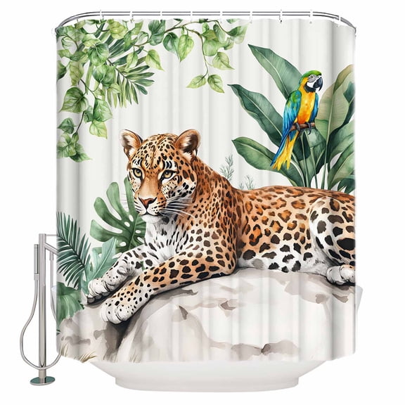 Tropical Leopard Parrot Shower Curtains for Bathroom Waterproof Fabric Bath Curtains Decor Bath Tub Curtain Watercolor Summer Palm Leaf Decorative Shower Curtain Sets with 12 Hooks, 72x72 Inch