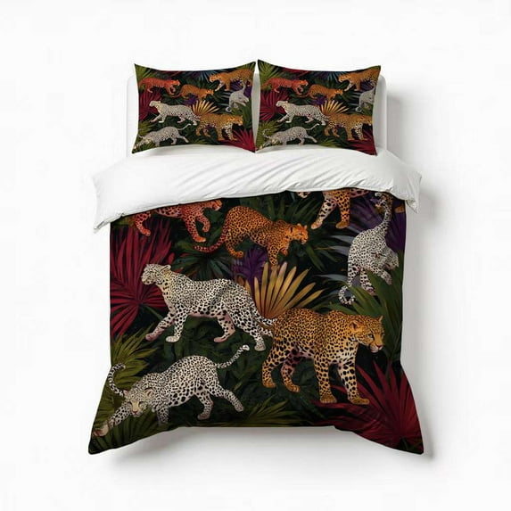 Tropical Leopards Lush Leaves Bedding Set 3 Pcs Soft Microfiber Quilt Cover For Bedroom Decor, Comforter Cover With 2 Pillowcase