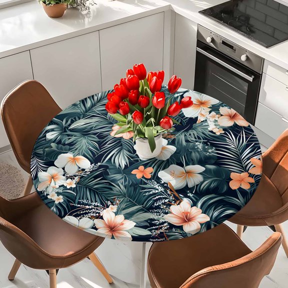 Tropical Lily Flower Jungle Leaves Round Fitted Tablecloth with Elastic Edge,Waterproof Table Cloth Fits Tables Up to 36"-44",Wipeable Table Cover for Indoor Outdoor Dinning Party,Summer Plant