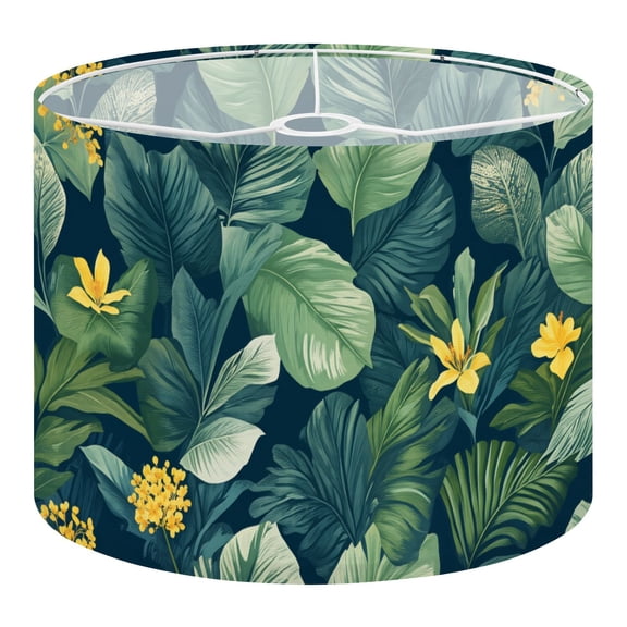 Tropical Linen Drum Lampshades Navy Blue Palm leaves Tropical foliage Yellow flowers 13"x13"x10" Light Shade for Table Lamps Floor Lamps Drum Lamp Shades Lampshade Replacement Assembly Required
