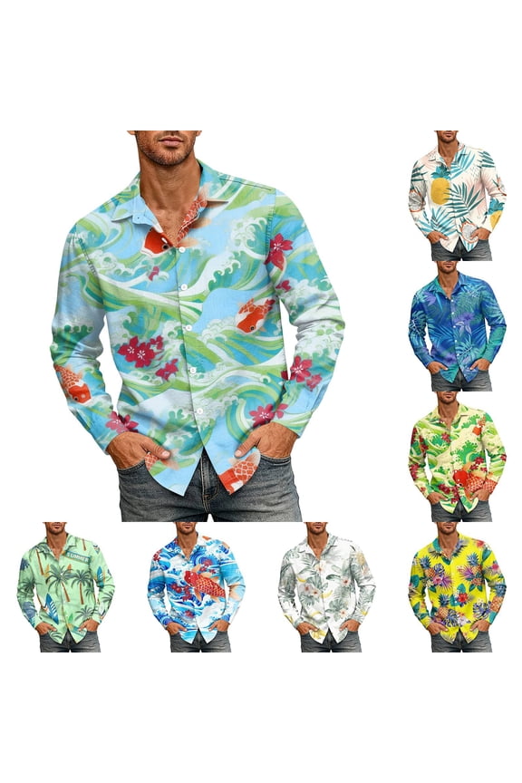 Tropical Long Sleeve Shirts for Men Hawaiian Floral Print Button Down Collared Resort Outdoor Beach Vacation Party Tops 2026 Gray XL