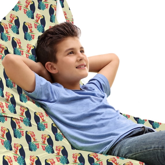 Tropical Lounger Chair Bag, Exotic Repetition with Toucan Bird Hibiscus Bird of Paradise and Monstera, High Capacity Storage with Handle Container, Lounger Size, Cream Multicolor, by Ambesonne