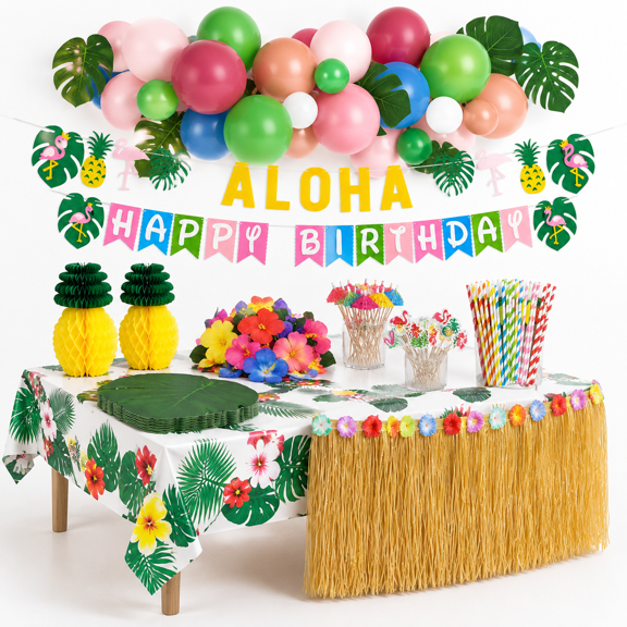 Tropical Luau Party Decoration Pack Hawaiian Beach Theme Flamingo Pinedecors Multi Scene Supplies (135pcs) Happy Birthday & Aloha