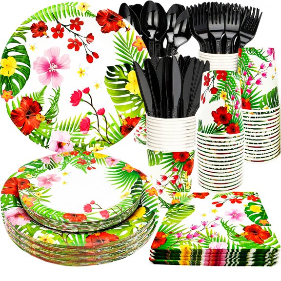 Tropical Luau Party Supplies 25-Person Set Paper Plates Napkins Utensils Cups 9&7 Inches