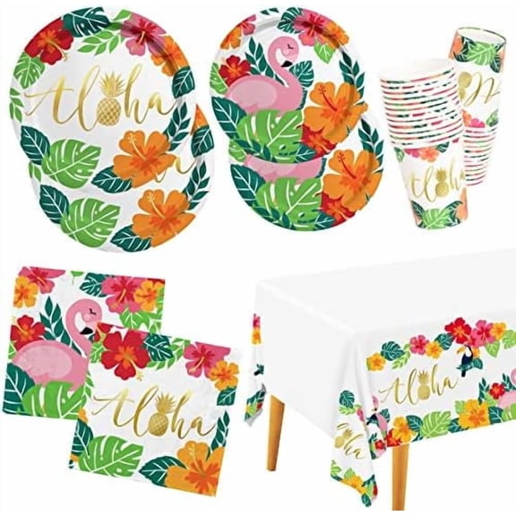 Tropical Luau Party Supplies Flamingo Party Dinnerware Set Disposable Paper Plates Napkins Cups and Tablecloth for Hawaiian Beach Party Decorations, Serve 25$$Home Decor, Kitchen, & Other
