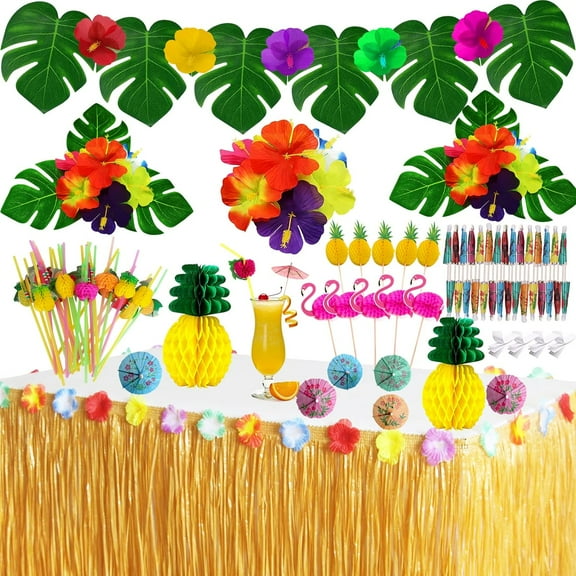 Tropical Luau Party tions Set Hawaiian Beach Theme Party Favors Luau Party Supplies with 9ft Luau Grass Table Skirt, Palm Leaves, Hibiscus Flowers, 3D Fruit Straws, Flamingo and Pineapple Dcors