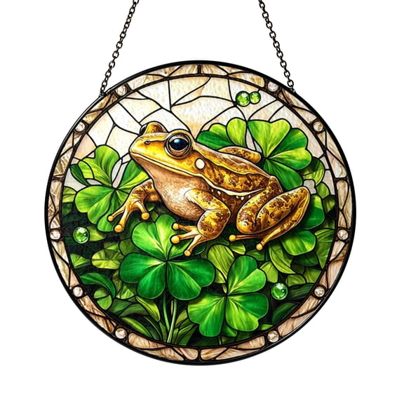 Tropical Lucky Frog Faux Stained Glass Suncatcher for Windows, Cheerful Nature Home Accent
