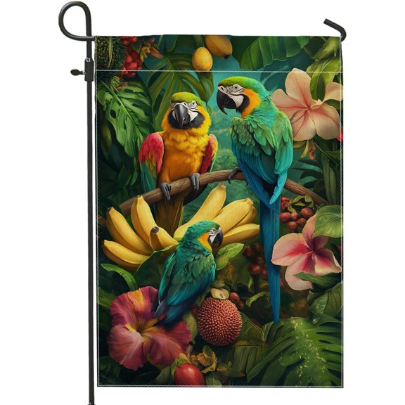 Tropical Macaw Garden Flag Double Sided Floral Outdoor Decorative Banner for Summer Parties Lawn and Yard 12x18 Inch Vibrant Blue Green Parrots