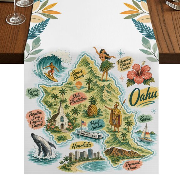 Tropical Map Burlap Cotton Table Runner 13x36 Inches Short, Summer Palm Tree Coastal Flowers Ship Farmhouse Table Runners, Outdoor Dining Tablecloths Decor for Baby Shower/Party/Wedding