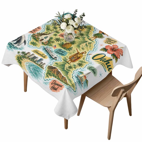 Tropical Map Table Cloth, Waterproof Tablecloth for Square Tables, Summer Palm Tree Coastal Flowers Ship Washable Fabric Table Cover for Restaurant Kitchen Dining Tables 60"x60"