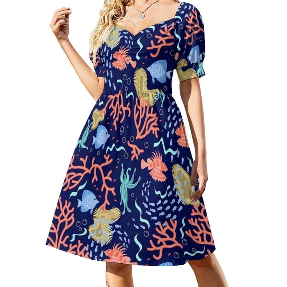 Tropical Marine Casual Dress Shoal of Fish Korean Fashion Dresses Sexy V Neck Elegant Printed Dress