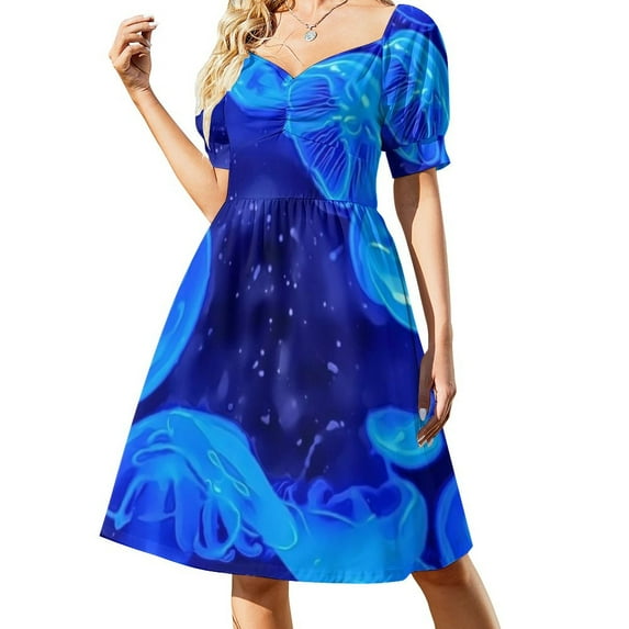 Tropical Marine Casual Dress Shoal of Fish Korean Fashion Dresses Sexy V Neck Elegant Printed Dress