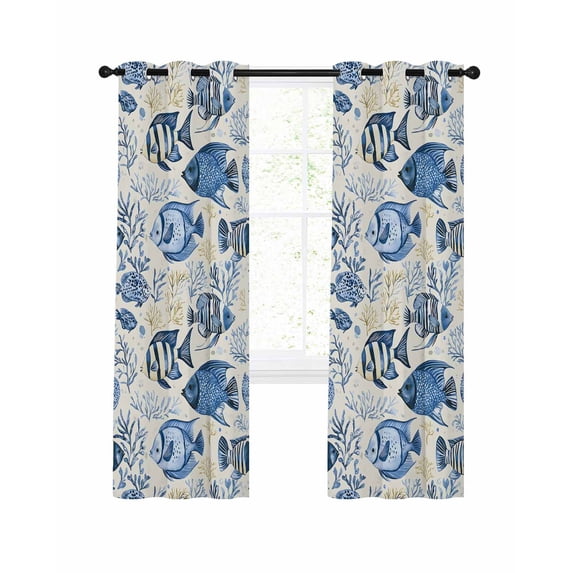 Tropical Marine Life Blackout Curtains for Bedroom Living Room, Watercolor Blue Fish Coral 63 In Long Thermal Insulated Room Darkening Drapes Grommet Window Treatments, 52 x 63 In