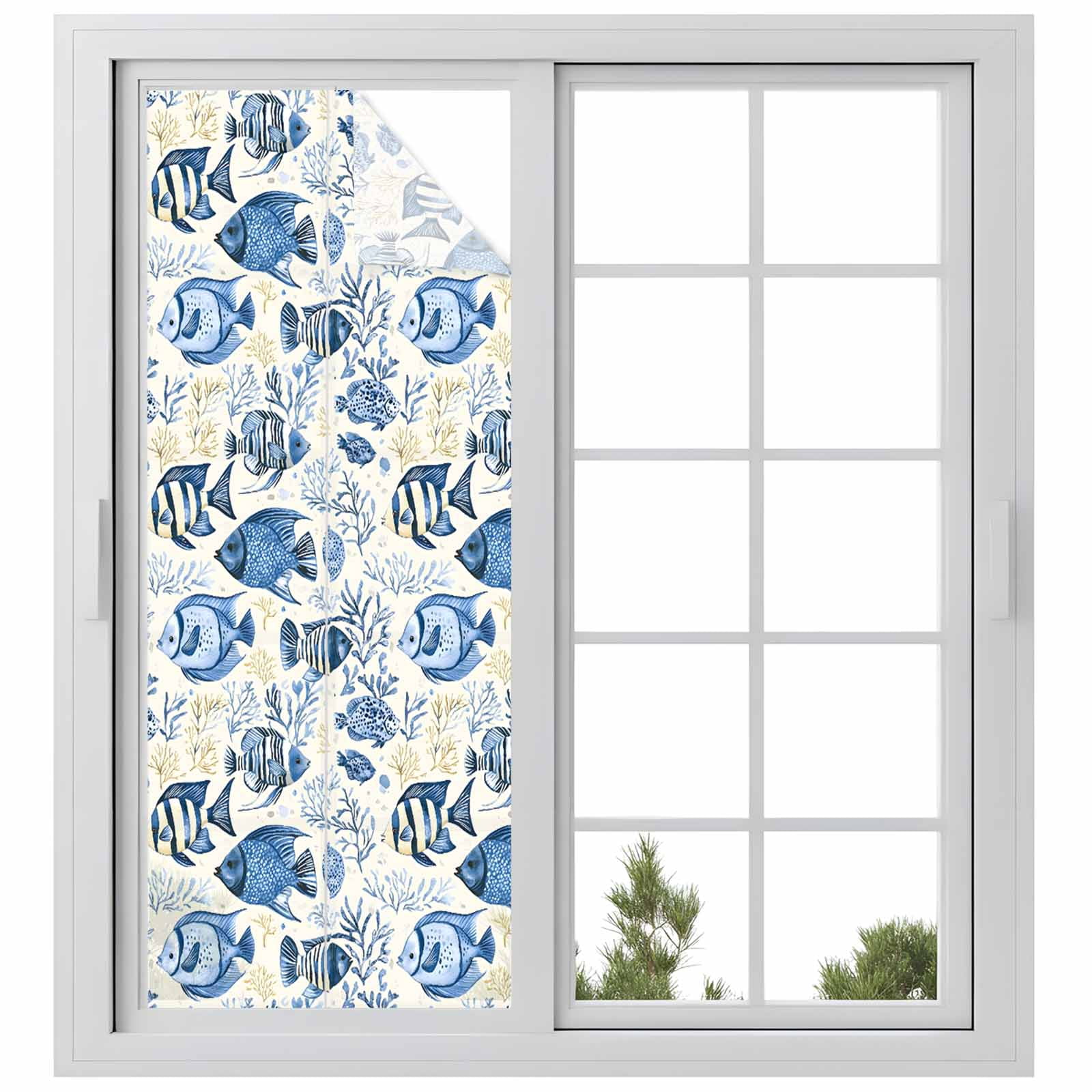 Tropical Marine Life Window Privacy Film, Watercolor Blue Fish Coral Frosted Glass Window Clings Static Cling UV Heat Blocking Reusable Door Sticker for Bathroom 23.6 x 59 Inch