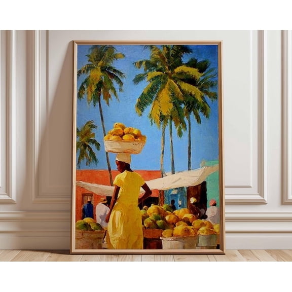 Tropical Market Caribbean Fruit Seller Wall Art Print, Unframed Paper Poster 24x36in