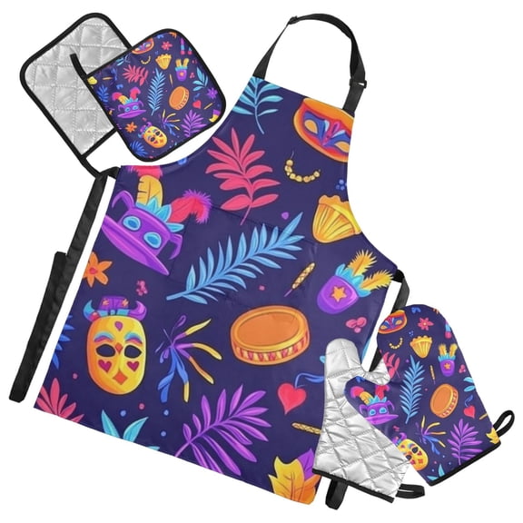 Tropical Masks and Leaves Pattern Oven Mitts and Pot Holders with Chef Apron Set 5 Pcs Kitchen Cooking Set