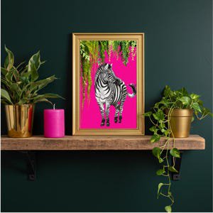 Tropical Maximalist Zebra Art Print Hot Pink Jungle Poster, 8x12 UNFRAMED