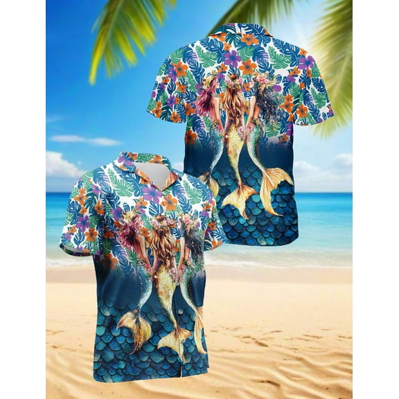 Tropical Mermaid Hawaiian Shirt for Men, Button Down Summer Beach Short Sleeve, Fantasy Style, Sizes S-5XL