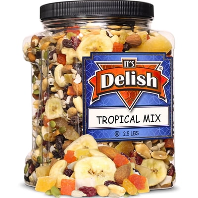 Tropical Mix  Fruit and Nut Trail Mix by Its Delish, 2.5 lbs Jumbo Reusable Container Jar  Energy Boost Healthy Snack with Protein & Vitamins with Mixed Nuts & Dried Fruits  Keto, Vegan, Kosher