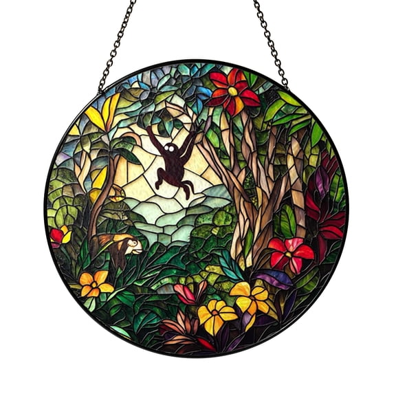 Tropical Monkey Stained Glass Suncatcher Window Hanging, Vibrant Jungle and Flowers Round Glass Art Panel, Nature Inspired Wildlife Window Decor, Decorative Hanging Ornament for Home
