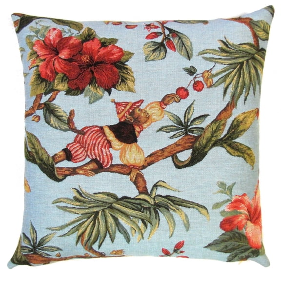 Tropical Monkey and Red Hibiscus, Light Blue Woven Pillow, 17 x 18 in, Double-Sided Home Decor