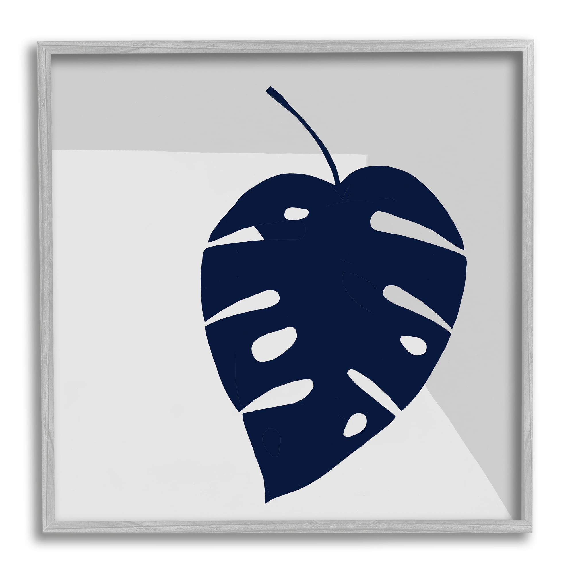 Tropical Monstera Blue Silhouette Sharp Grey Angles Botanical & Floral Framed Art Print Wall Art, 17x17