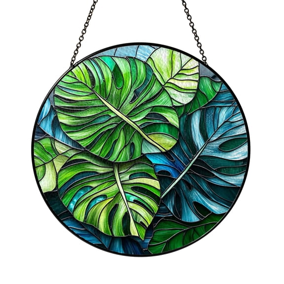 Tropical Monstera Botanical Stained Glass Style Acrylic Window Suncatcher Hanging Decor, Decorative Panel Ornament for Nature Window Art and Jungle Theme Home Decoration