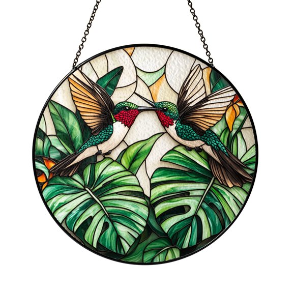 Tropical Monstera Hummingbirds Window Decor Stained Glass Suncatcher Nature Home Accent Gift