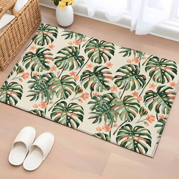 Tropical Monstera Leaf 2'x3' Rug for Entryway Front Door Kitchen Sink Area, Orange Floral Plant Jungle Summer Low Pile Washable Non Slip Rectangle Area Rug