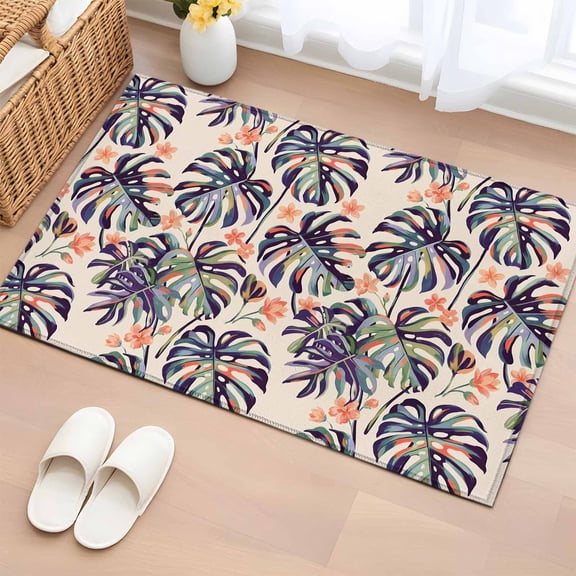 Tropical Monstera Leaf 2'x3' Rug for Entryway Front Door Kitchen Sink Area, Orange Floral Summer Plant Jungle Low Pile Washable Non Slip Rectangle Area Rug