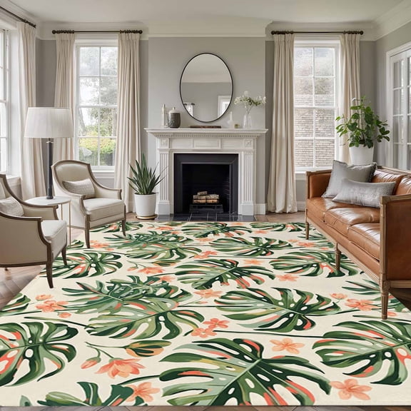 Tropical Monstera Leaf 8'x10' Large Area Rug for Living Room Sectional Sofa, Orange Floral Plant Jungle Summer Washable Non Slip Low Pile Rectangle Area Rug