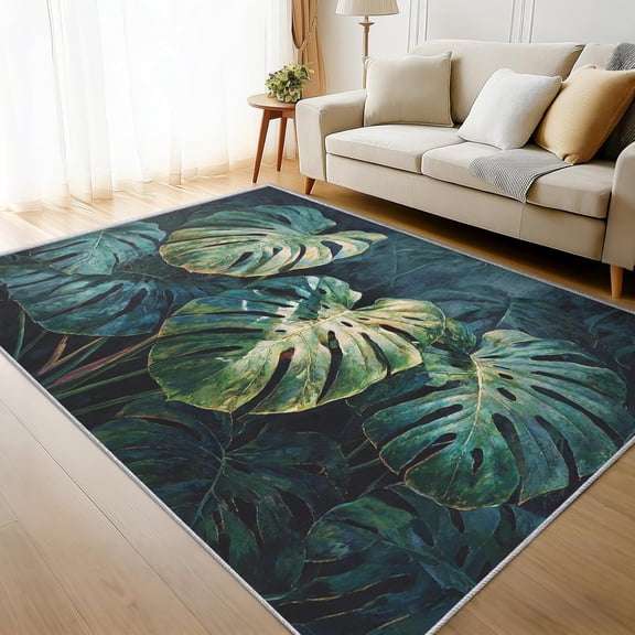 Tropical Monstera Leaf Area Rug, Jungle Botanical Pattern Carpet, Washable Non Slip Low Pile Soft Thin, Living Room Bedroom Home Decor Mat 2x3ft