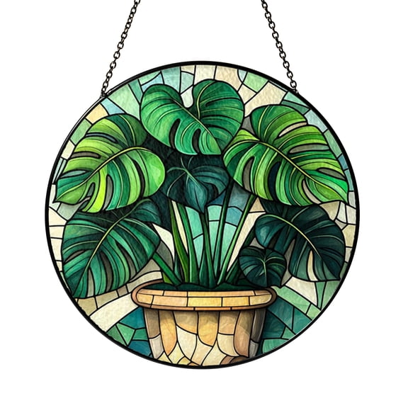 Tropical Monstera Leaf Stained Glass Suncatcher Window Hanging, Stylish Plant Art Panel