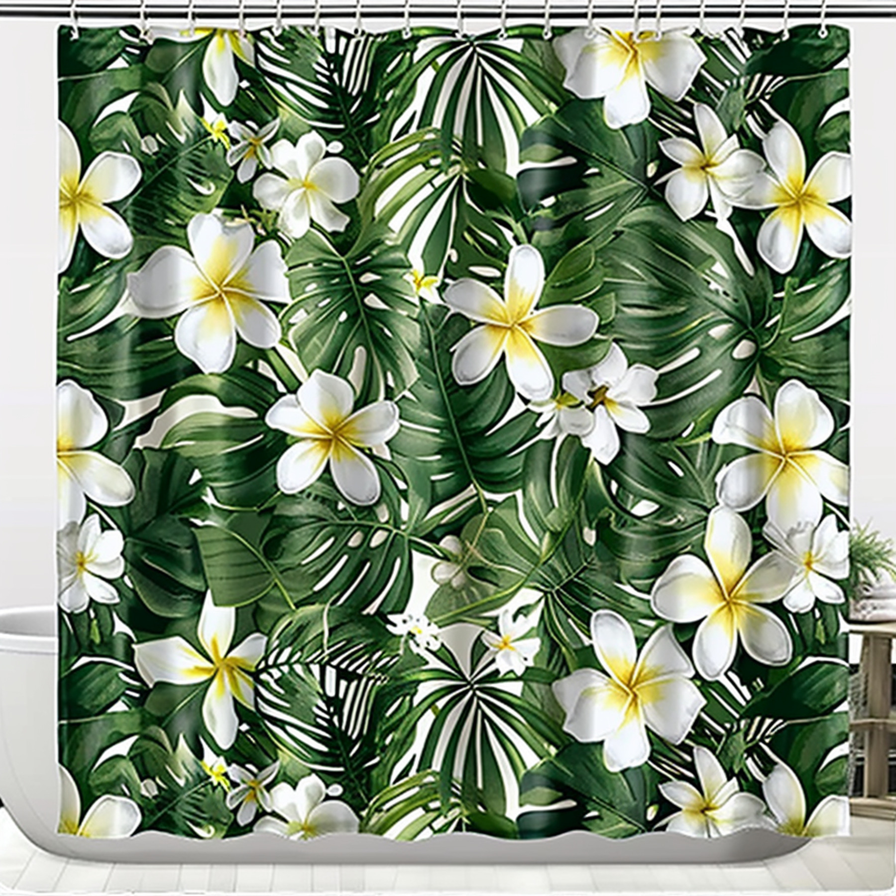 Tropical Monstera Leaf and Plumeria Flower Shower Curtain Green Leaves
