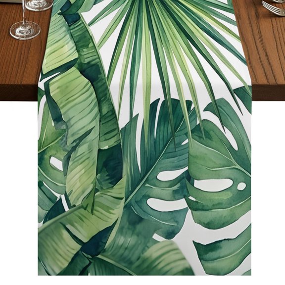 Tropical Monstera Leaves Burlap Cotton Table Runner 13x36 Inches Short, Country Botanical Palm Leaf Green Farmhouse Table Runners, Outdoor Dining Table Decor for Baby Shower/Party/Wedding