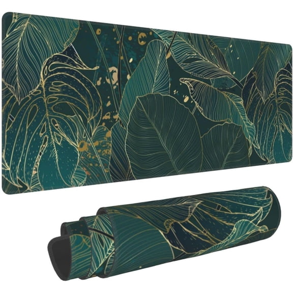 Tropical Monstera Leaves Gold Green XXL XL Large Gaming Mouse Pad for Desk, Non-Slip Long Extended Keyboard Pads Mousepad Rubber Table Mat 31.5 X 11.8 Inch