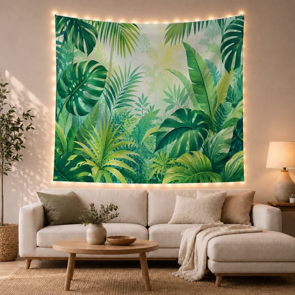 Tropical Monstera Leaves in a Misty Jungle, Serene Digital Art for Nature Lovers, Botanical Decor, Housewarming Gift, Tapestry Wall Hanging for Bedroom and Living Room