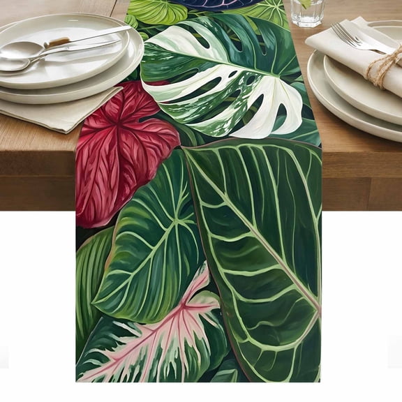 Tropical Monstera Leaves Table Runner Botanical Green Exotic Modern Tablerunners 13 x 36 Inch, Table Decorations Tabletop Scarf for Summer Gathering Holiday Farmhouse Kitchen Dining Decor