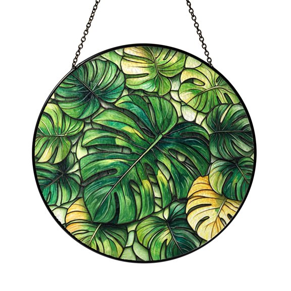 Tropical Monstera Stained Glass Window Decor, Green Botanical Suncatcher for Bright Modern Living Spaces