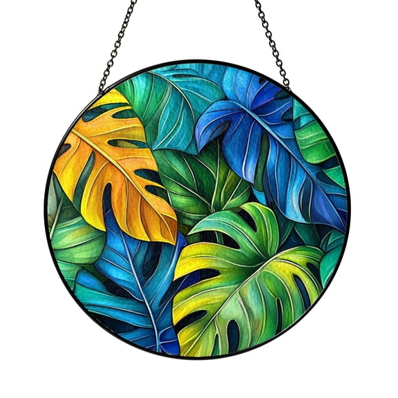 Tropical Monstera Stained Glass Window Panel – Decorative Accent