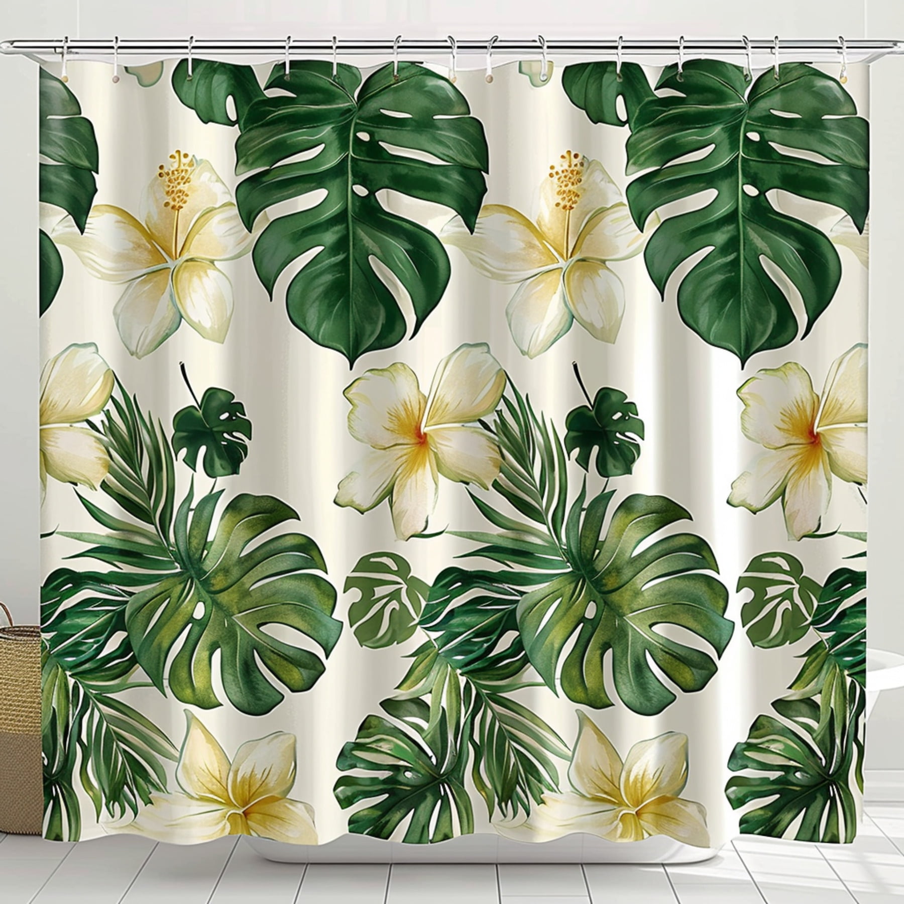 Tropical Monstera and Hibiscus Shower Curtain Green and Beige Bathroom
