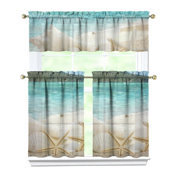 Tropical Nautical Kitchen Curtains Set - Starfish & Fish Marine Life Design, Rod Pocket Caf Curtains for Summer Home Decor