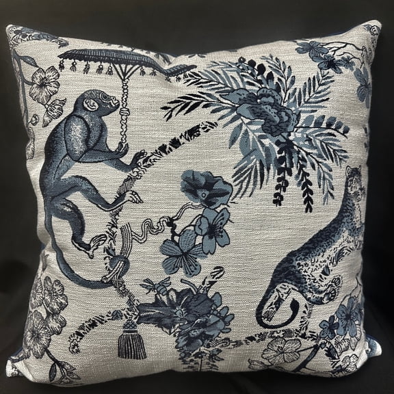 Tropical Navy Black Monkey Leopard Landscape Woven Decorative Pillow, 17 x 18 in, Rectangular Poly Filled Decor for Bed or Bench