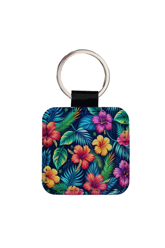 Tropical Neon Hibiscus Floral Pattern Faux Leather Square Keychain