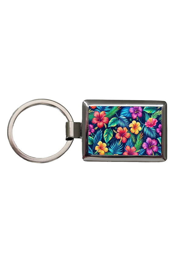 Tropical Neon Hibiscus Floral Pattern Metal Rectangle Keychain