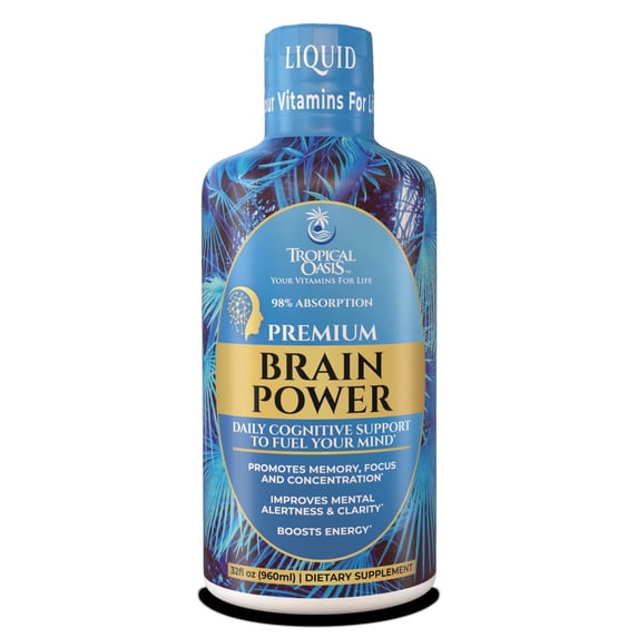 Tropical Oasis Brain Power, Liquid Nootropic Supplement for Mental Clarity, Focus, and Memory Retention, Tropical Strawberry Watermelon, 32 Servings